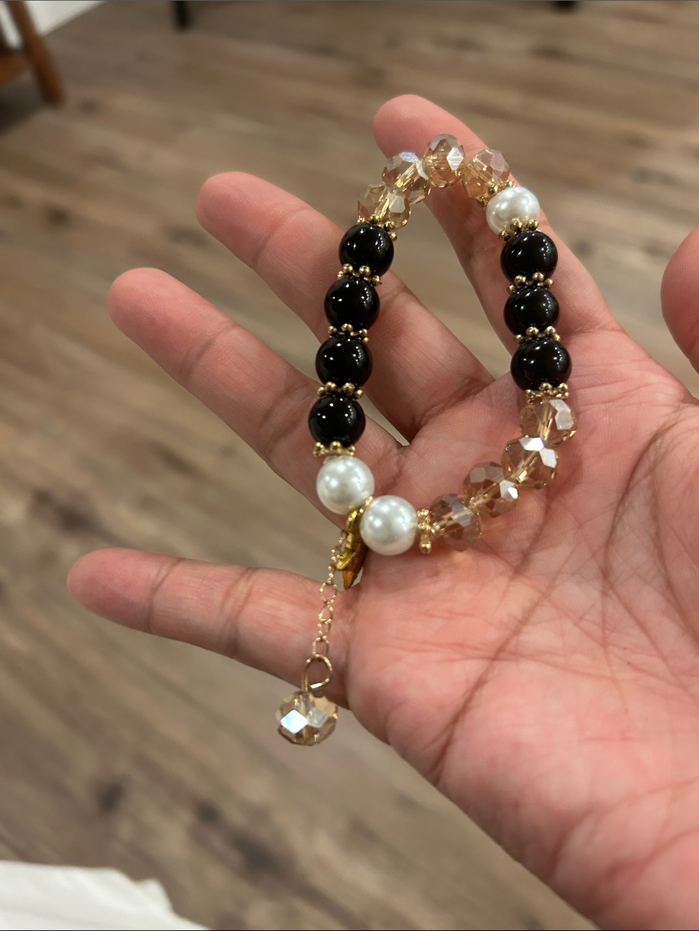 Gold Accent Black, Pearl & Champagne Crystal Stretch Bracelet